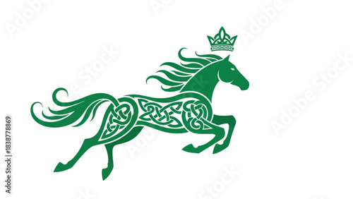 Majestic green galloping horse with Celtic knot design and royal crown