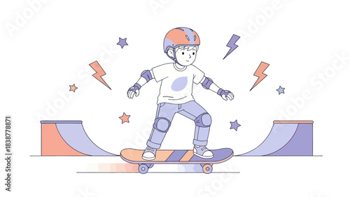 Young boy skateboarding with protective gear at a colorful skate park.