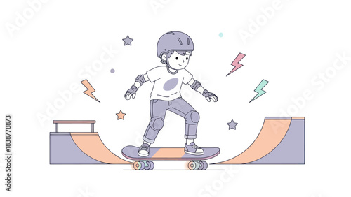 A young boy enjoys skateboarding at the skate park.