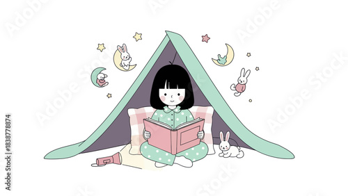 Girl reads a book in a tent with bunnies and moon.