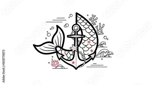Minimalist line art illustration of a mermaid tail wrapped around a nautical anchor.