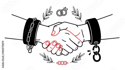 Handshake breaking chains concept for freedom and new beginnings