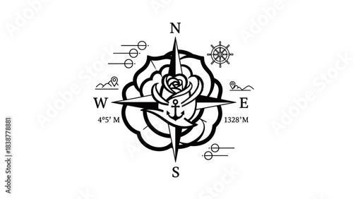 Nautical rose compass with anchor and directional elements