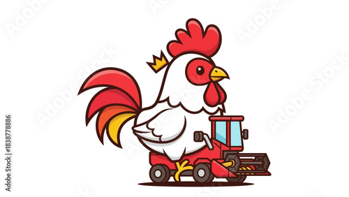 Cartoon rooster with a crown driving a red combine harvester on a white background.