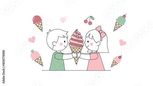 A sweet cartoon illustration of two kids sharing a large ice cream cone.