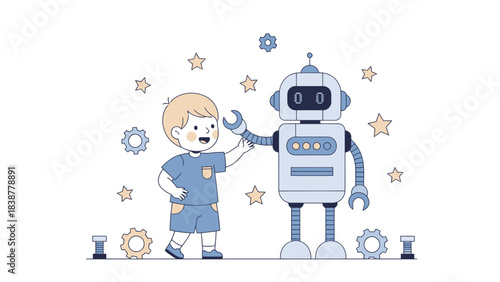 Young boy interacts happily with a friendly robot, exploring technology and learning.