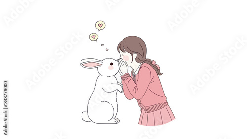 A girl whispers a secret to a cute rabbit with hearts floating