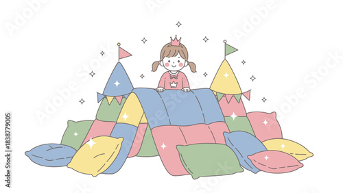 Cute girl peeking from a colorful pillow fort castle, full of childhood imagination.