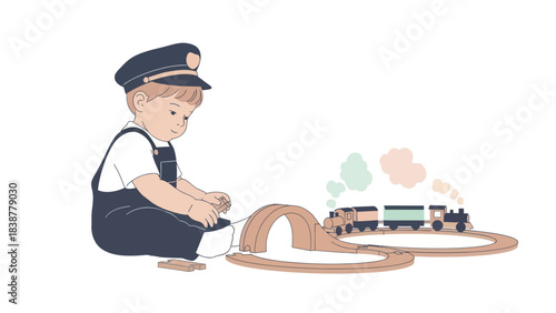 A young boy happily playing with his wooden toy train set.