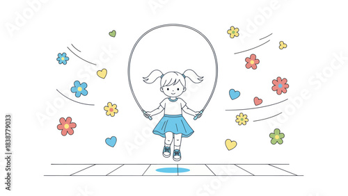 Happy girl jumping rope outdoors surrounded by flowers and hearts.
