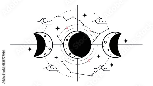 Abstract celestial moon phases diagram with stars and constellations.
