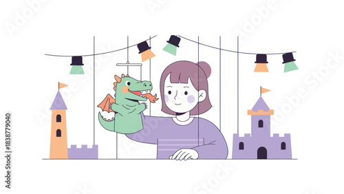 Girl performs a whimsical puppet show with a dragon puppet