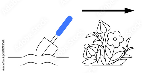 Gardening, growth, cultivation, agriculture, environmental care, nature. A shovel digging soil with a blooming flower. Gardening and growth concept through tools and blooming plants