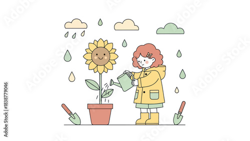Cheerful child waters a happy potted sunflower with a watering can.