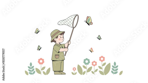 Little boy catching butterflies in a field of flowers.
