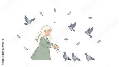 A little girl joyfully feeds pigeons on a white background.