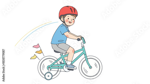 A happy young boy learning to ride his bicycle with training wheels.