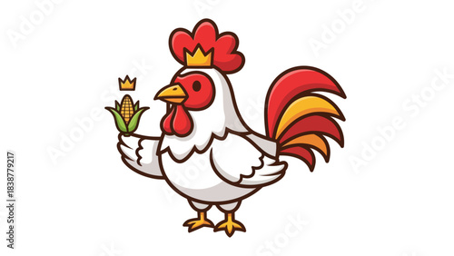 Cartoon Rooster King proudly holding a corn cob on a white background