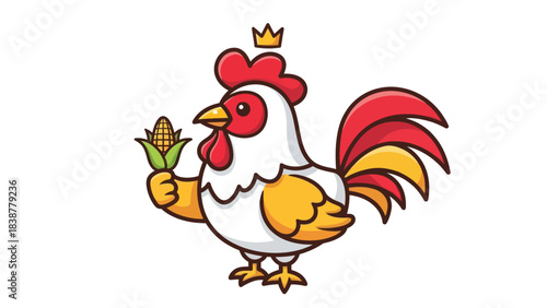 Cute cartoon rooster king holding corn cob mascot logo design