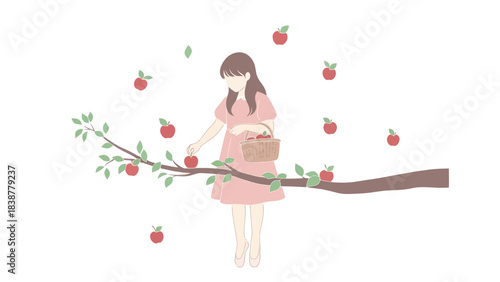 Girl collecting apples from a branch with a basket.