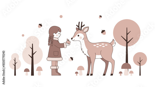 A girl feeds an apple to a deer in a stylized autumn forest.