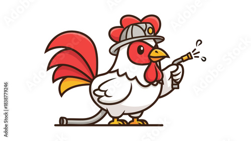 Cute cartoon rooster dressed as a firefighter spraying water.