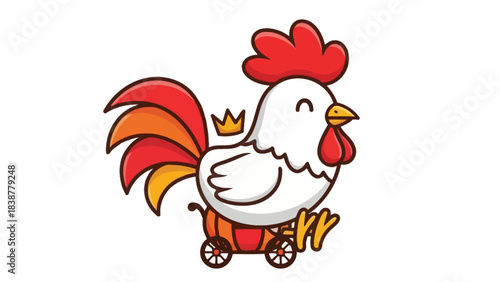 Cute cartoon rooster with a crown rides in a carriage.