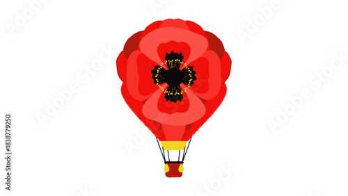 Red poppy shaped hot air balloon floating in white background.