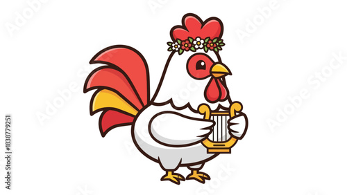 Cute rooster with a flower crown plays the lyre.