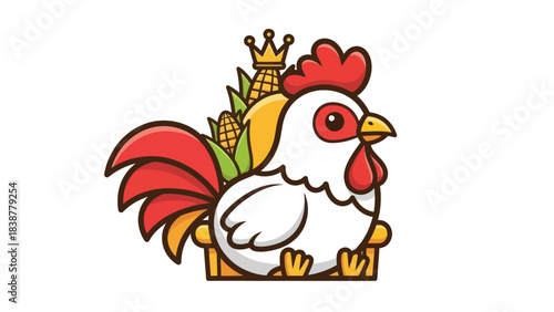 Cute Cartoon Rooster with Crown and Corn Illustration