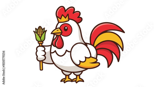 A cheerful cartoon rooster wearing a crown and proudly holding a corn cob.