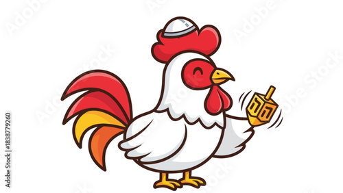 A cute cartoon rooster wearing a kippah and spinning a dreidel for Hanukkah.