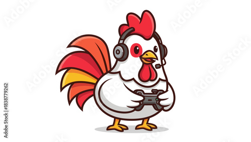 Cartoon chicken playing video games with headphones and controller