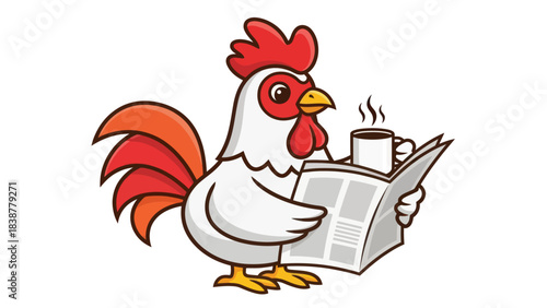 Cartoon Rooster Enjoying Morning Coffee and Newspaper
