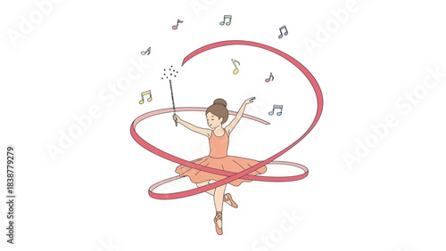 Young ballerina performs with ribbon and magic wand, surrounded by musical notes.