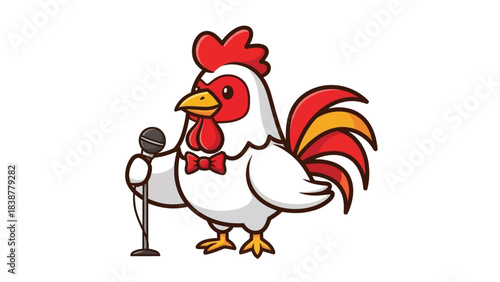 A cartoon chicken holding a microphone and singing