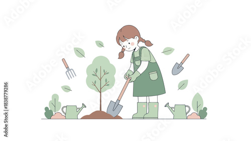 Happy girl planting a tree with gardening tools in a simple flat design