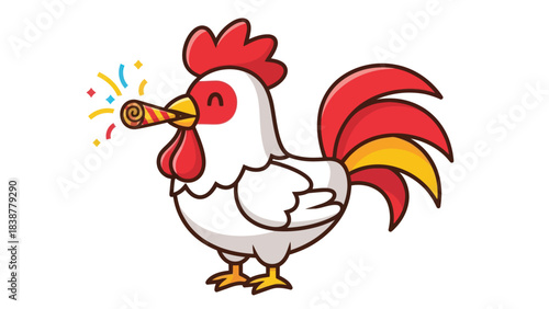 Cute cartoon rooster celebrating with a party horn and confetti.