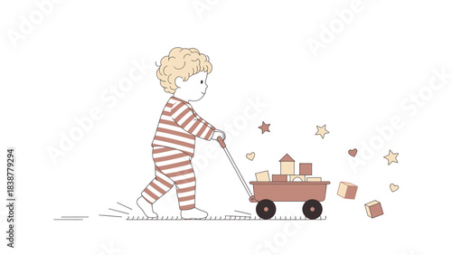 A happy toddler pushes a toy wagon filled with building blocks.