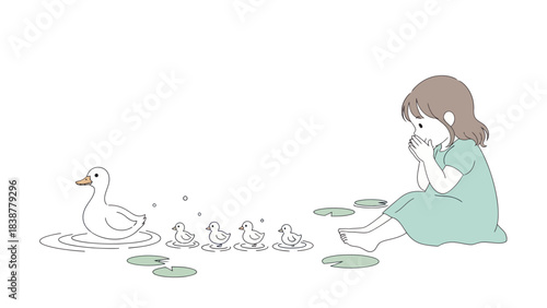 A girl watches ducklings swim in a pond.