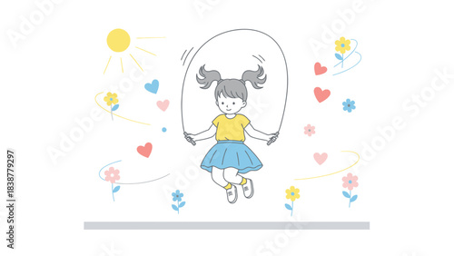 Cute girl jumping rope with flowers and hearts