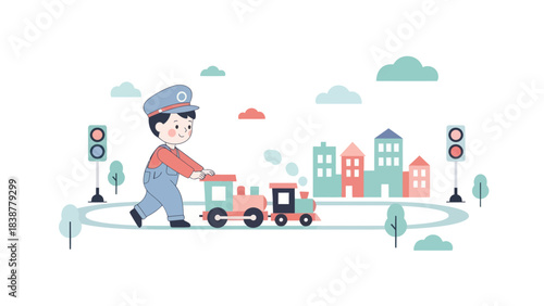 Child train conductor playing with toy train in the city