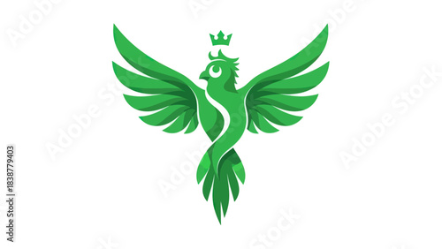 Green bird with crown logo, symbol of freedom and rebirth.