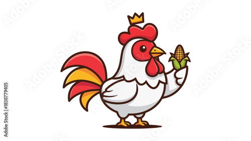 A cheerful cartoon rooster wearing a crown and proudly holding a corn cob.