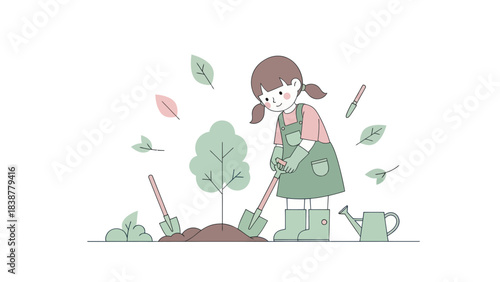 Little girl planting a tree for environmental care illustration.
