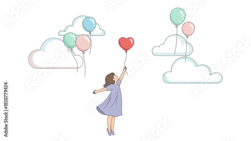 Girl with balloons reaching for the sky, representing dreams and freedom.
