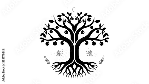 Black silhouette of the tree of life with fruits and Celtic knot.