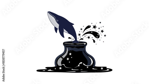 Whale leaping from an inkwell with a starry splash illustration