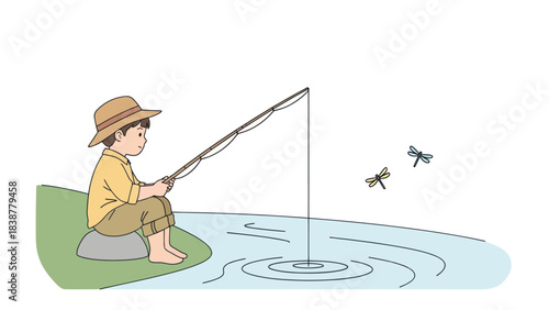 Young boy in a hat fishes by the water with dragonflies flying nearby.