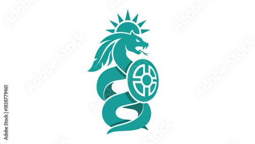 Turquoise dragon coiled with shield and sun symbol